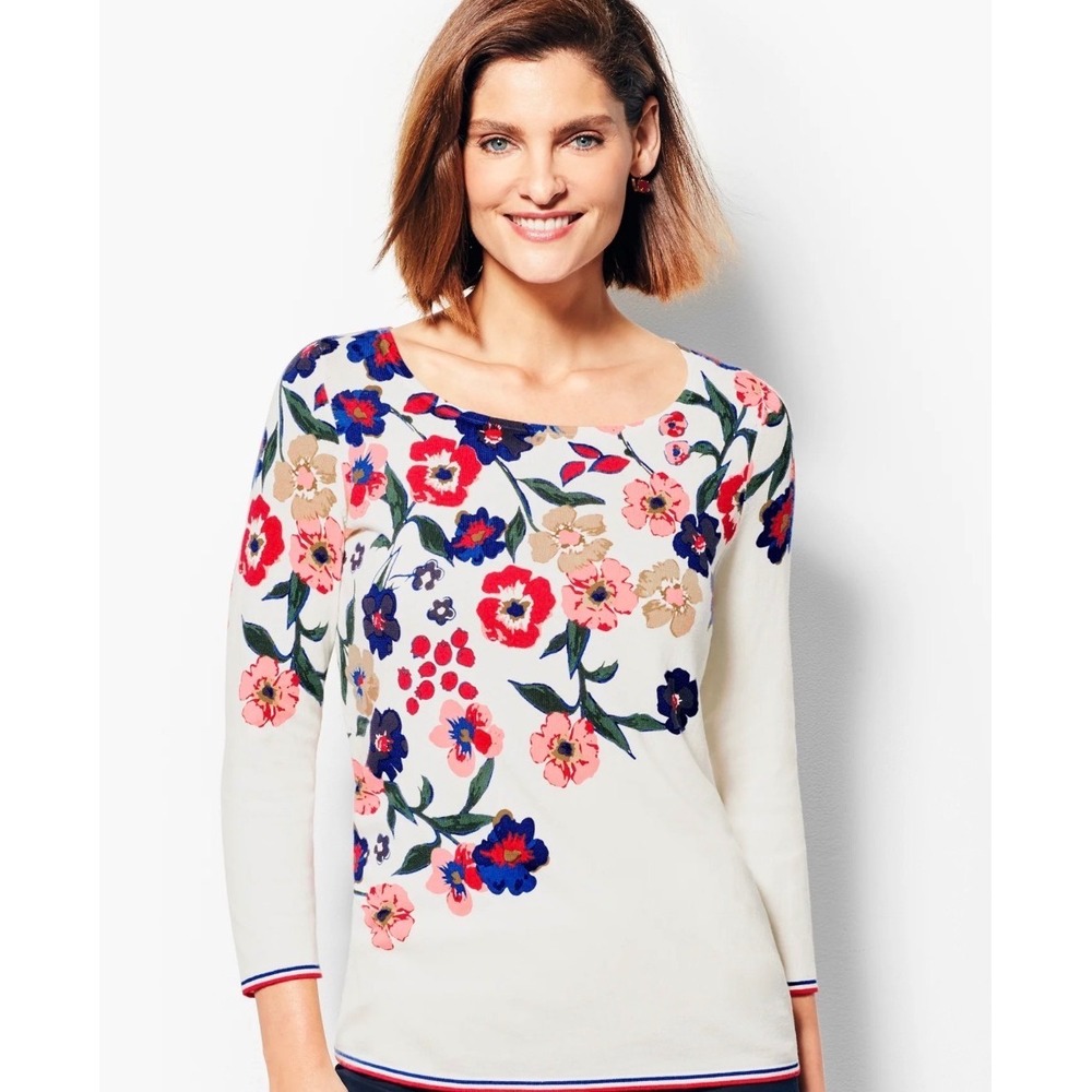 Talbots Woman Floral Scoop Neck Sweater Ivory Red Blue 3/4 Sleeve Plus Size 3X